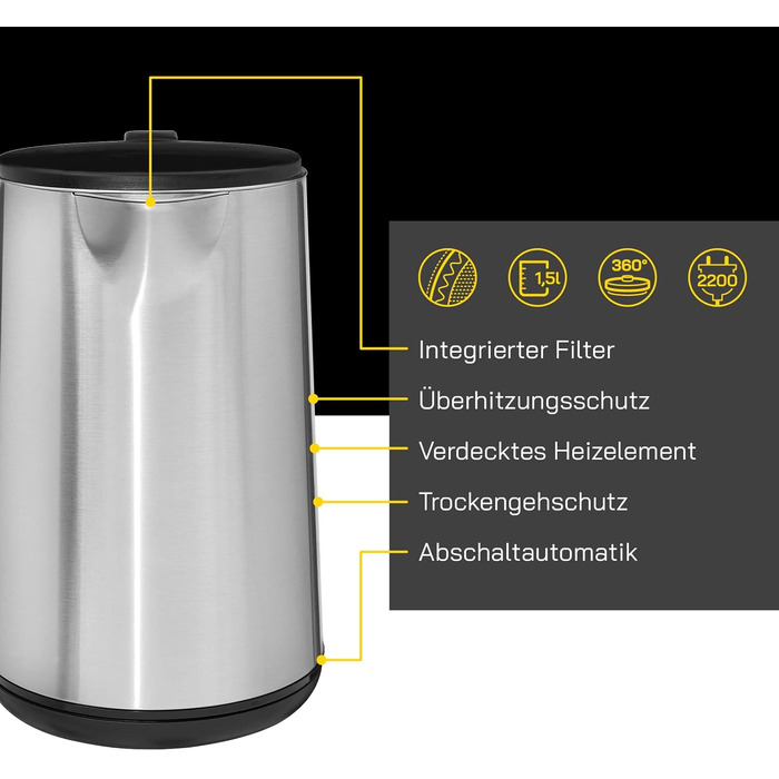 Електричний чайник Water 3300 C | 1.7 л, 2200 Вт, антинакип, захист від перегріву, чорний (нержавіюча сталь)