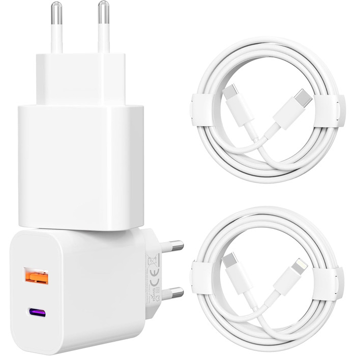 Двопортовий зарядний пристрій USB C 25W з адаптером [2 в 1] 2 шт. для iPhone/iPad/навушників/телефонів. Мережевий адаптер, багатопортовий, PD 3.0, швидка зарядка, білий. Без кабелю.