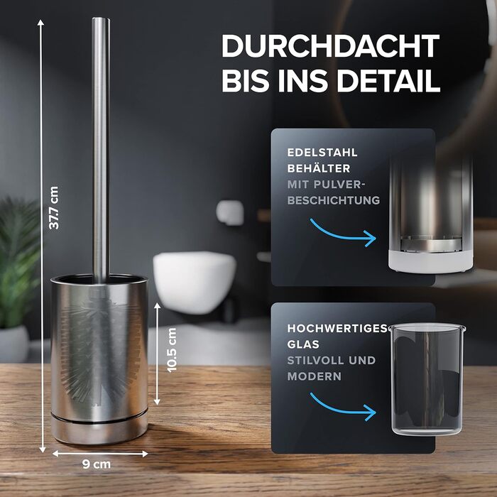 Торцева щітка для унітазу з нержавіючої сталі | Силіконова щітка для унітазу | З вентиляцією | Без кріплення до стіни | Змінний насадок | Знімний піддон | Щітка для унітазу без встановлення на стіну (Срібна)