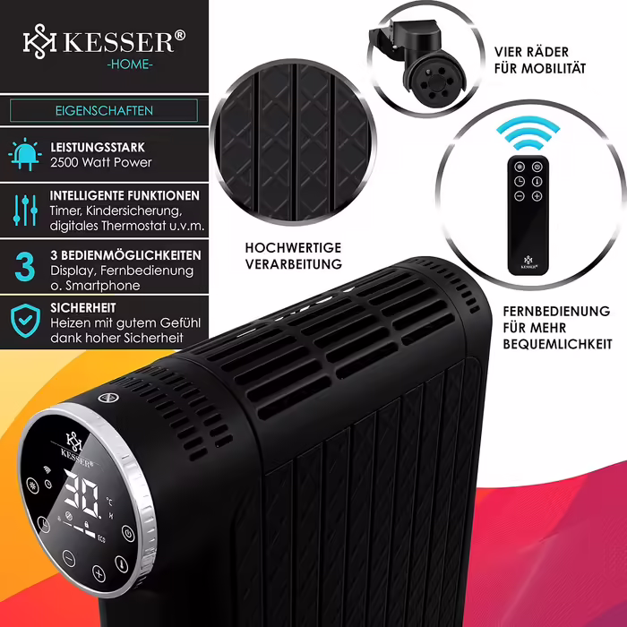 KESSER® Oil Radiator 2500W Electric Heater Radiator Electric Heater Energy-Saving with Display WiFi App & Remote Control Touchscreen - Mobile Oil Radiator 24h Timer, Thermostat & Overheat Protection Black