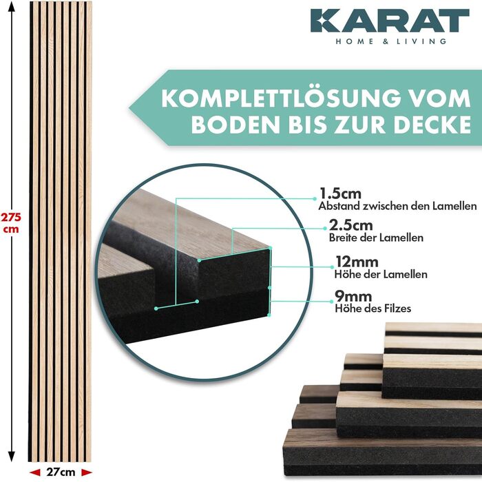 Акустичні настінні панелі KARAT з натурального шпона Білий дуб — декоративна рейкова стіна з дерева та фетру для шумоізоляції та звукопоглинання (275 x 27 см)