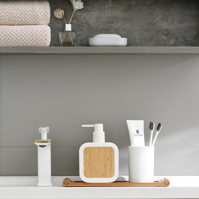 Дозатор для мила білий бамбук, 390 мл. Дозатор для мила на кухню, у ванну, в офіс. Настільний диспенсер для мила (білий)