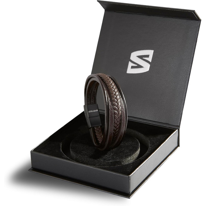 Браслет чоловічий шкіряний SERASAR Premium плетіння, коричневий, з магнітною застібкою з нержавіючої сталі, 17 см - подарункова коробка