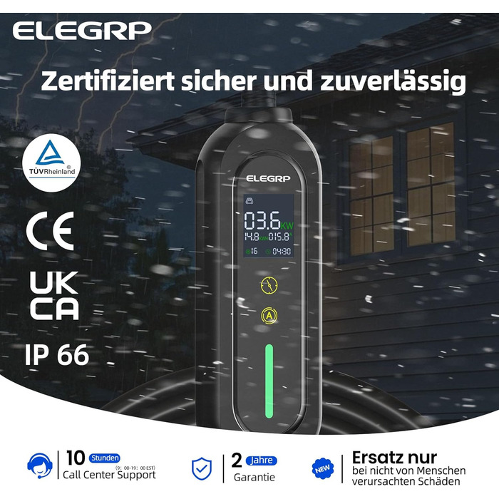 Кабель для зарядки електромобіля Type 2 Schuko 7м, 3.68кВт, 6-16A, IP66 – Мобільна зарядка з відтермінованим стартом, сумісний з EV/PHEV