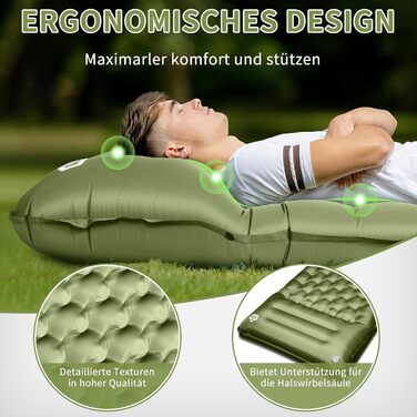 ARFNKIM Self-Inflating Camping Mat - 12cm Thick Sleeping Pad with Foot Pump & Pillow - Lightweight, Compact, Waterproof for Outdoor Use (Green)