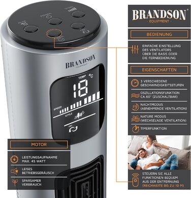 Вентилятор підлоговий Brandson Silverline 96 см з пультом керування, тихий, з осциляцією, 3 швидкості, 3 режими, таймер, сертифікат GS, сірий колір