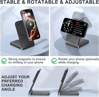 Бездротовий зарядний пристрій MagSafe, складаний, швидка зарядка, сумісний з iPhone 17/16/15/14/13/12, AirPods 3/2/Pro 2/Pro, чорний