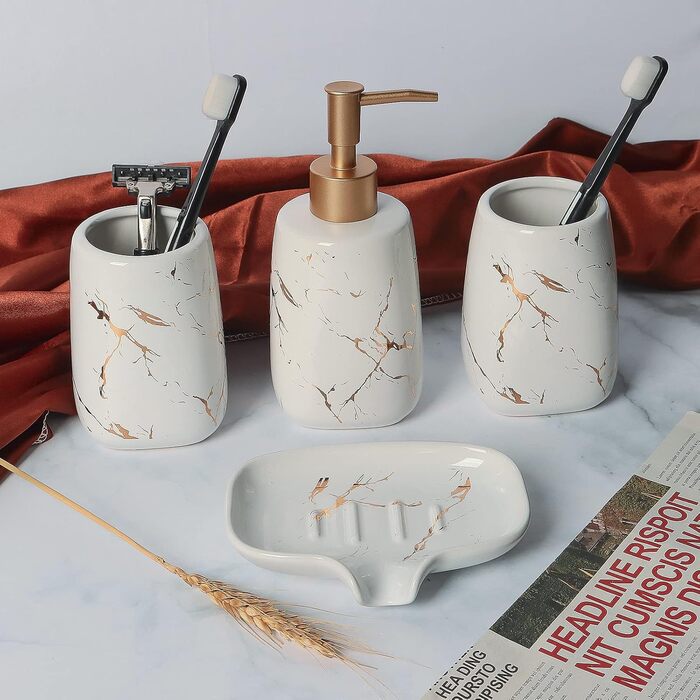 Набір аксесуарів для ванної кімнати з кераміки (4 шт): дозатор мила, тримач для зубних щіток, чашка, мильниця (білий)