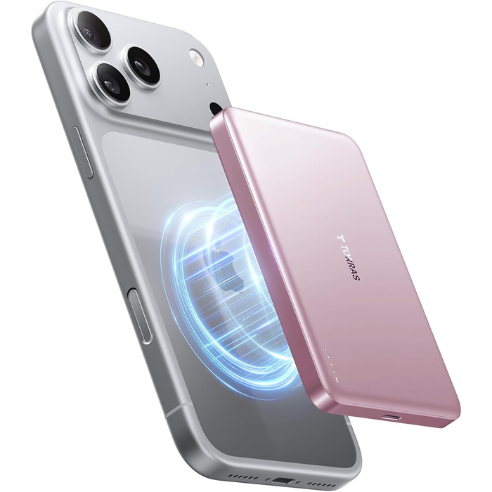 Портативний зарядний пристрій TORRAS MiniMag MagSafe, 10000mAh, 22.5W, з магнітним кріпленням, рожевий. Power Bank для iPhone 17 Pro Max/Air/16/15/14/13/12, Wüsten Titan.