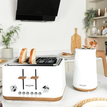 Тостер SALTER Toronto з широкими слотами, 6 режимів підсмажування, знімний піддон для крихт, функція розморожування, підігріву та відключення, самоцентрування, підйом, білий, UK-штекер