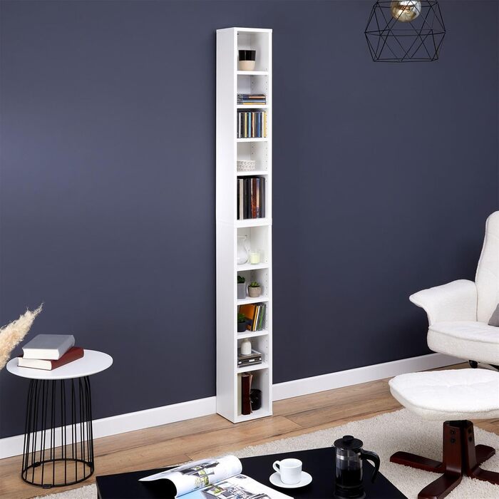 CD DVD BluRay Regal Chart in White – Two-Piece Media Shelf, Storage, CD Stand with 10 Compartments for up to 160 CDs, 20x187 cm (W x H)