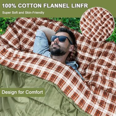 Cotton Flannel Double Sleeping Bag for Camping, Hiking - Queen Size 2 Person Waterproof Sleeping Bag for Adults & Teens - Lightweight (Green/Brown)