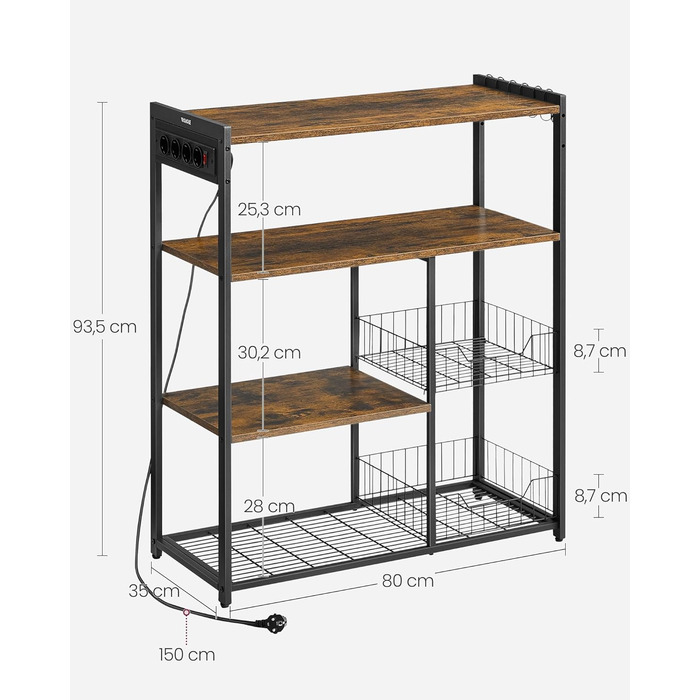 Стелаж кухонний VASAGLE з розетками, підлоговий з 2 металевими кошиками, стелаж пекаря з гачками, полиці, 35 x 80 x 93,5 см, індустріальний дизайн, вінтажний коричневий + чорний, KKS196K01