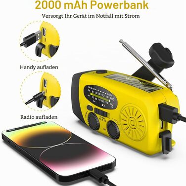 Радіо Solar Radio на сонячних батареях з ручним генератором, AM/FM, Powerbank 2000mAh, LED ліхтарик, USB зарядка для телефону - жовте