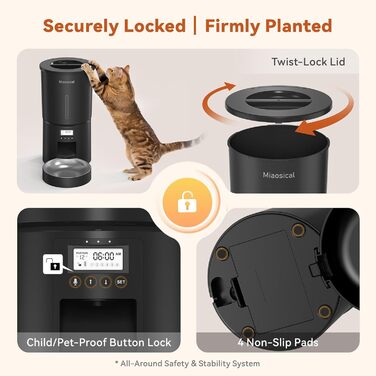 Автомат годівлі для котів 4.2L з окремою мискою, програмоване годування, подвійне живлення, 6 прийомів їжі на день (Чорний), миска з нержавіючої сталі