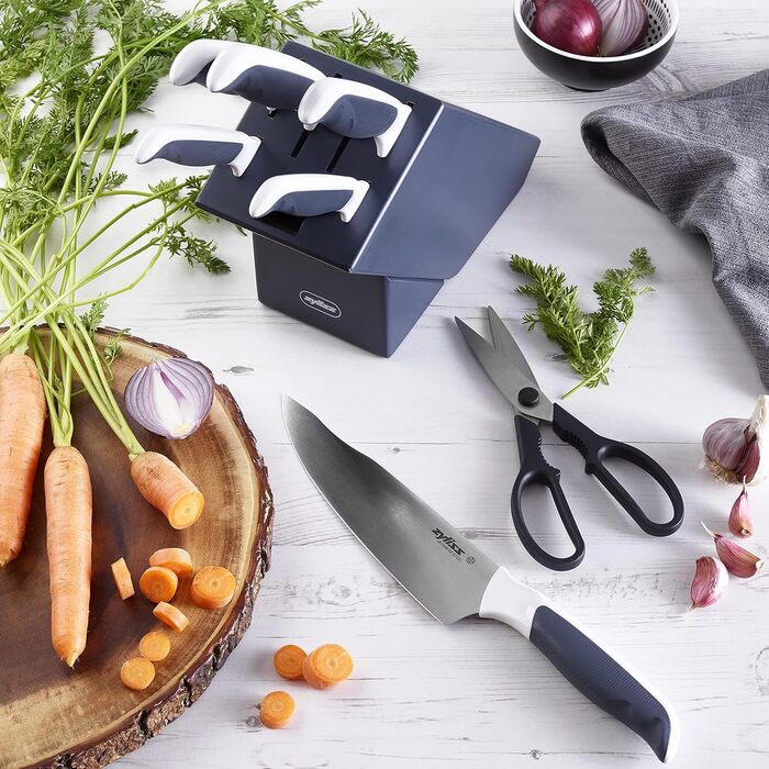 Zyliss Comfort Knife Block Set - 7 Piece Japanese Stainless Steel Kitchen Knife Set with Block, Dishwasher Safe, 5-Year Warranty
