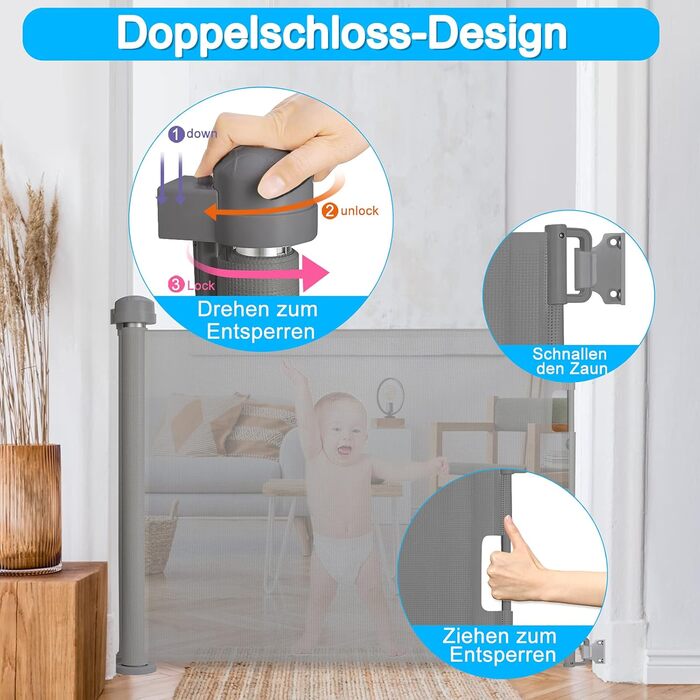 Захист для воріт NAIZY: ролетний захист від сходів, сітка для дітей та собак, висувна бар'єра для дому та вулиці (150см, сірий)