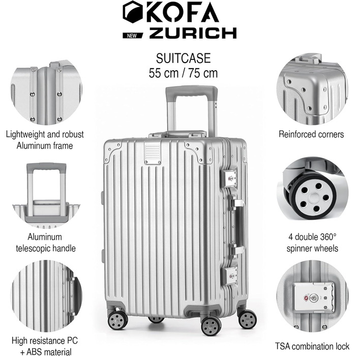 KOFA Zurich: Набір валіз 2 шт. (M-55см, XL-75см), алюмінієвий каркас, полікарбонатний корпус, ручна/здійснювана, спіннер з 4 колесами, TSA-замок, 35л + 94л (срібний)