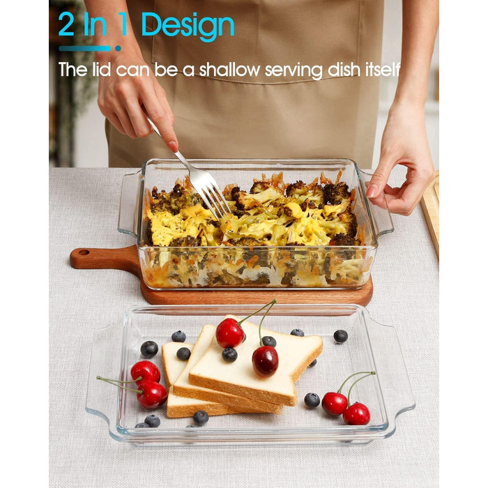Прямокутна форма для запікання з кришкою, 2L, 24x20x6 см, скляна форма для лазаньї на 2 порції, для мікрохвильової печі та духовки