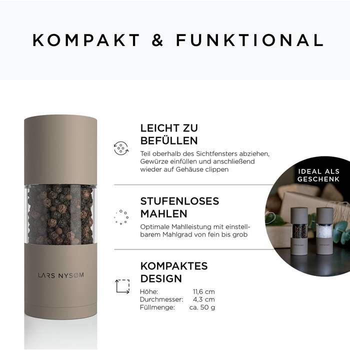 LARS NYSØM Salt and Pepper Grinder Set made of Stainless Steel with Adjustable Ceramic Grinder, 2 Pieces | Manual Spice Mills with High-Quality Design (2 pcs) (Taupe Brown)
