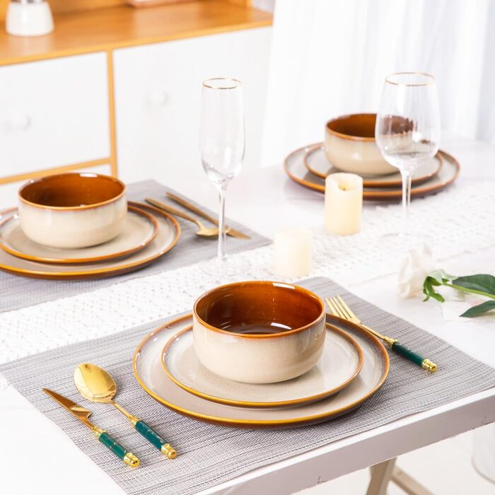 Набір посуду LeRatio на 6 осіб: 18 предметів, керамічний, з реактивною глазур'ю, стійкий до подряпин, для сервірування столу, придатний для миття в посудомийній машині та використання в мікрохвильовці