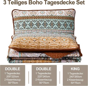 WONGS BEDDING Quilt Cover 220x240 Bedspread Bohemian Throw Blanket Stepped Quilt 3-Piece Double Bed Quilted Blanket Microfiber Living Blanket with 2 Pillowcases 50x70 for Bedroom as Sofa Cover (Bohemian) (220x240 cm, Brown)