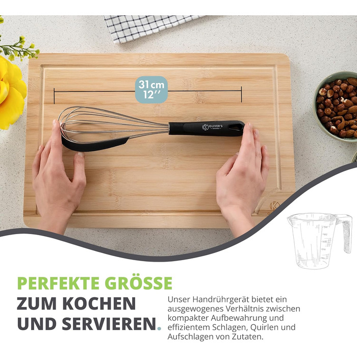 Віскер Oliver's Kitchen® з нержавіючої сталі з інтегрованим силіконовим скребком - ідеальний для випічки та приготування їжі. Спіральний віскер, зручна ручка, легко миється.