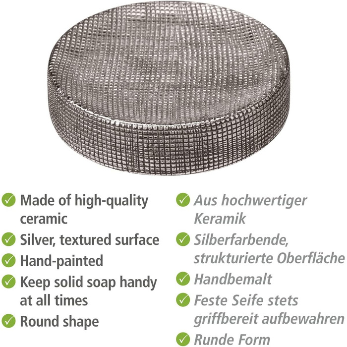 Підставка для мила WENKO Rivara, керамічна мильниця для мила, Ø 10 x 2,5 см, срібна
