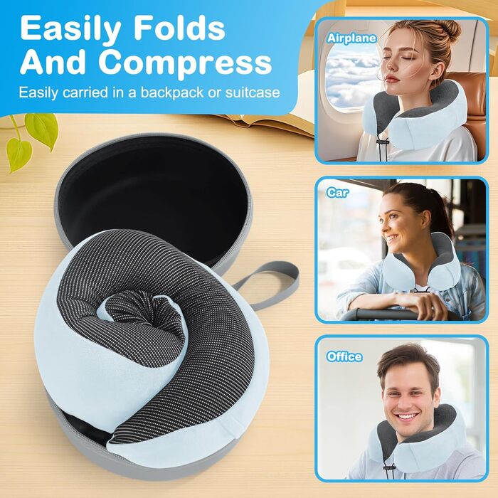 Подушка для шиї в літак, доросла, Memory Foam, регульована, компактна, з навушниками, маскою для сну, коробкою для зберігання (Блакитна)