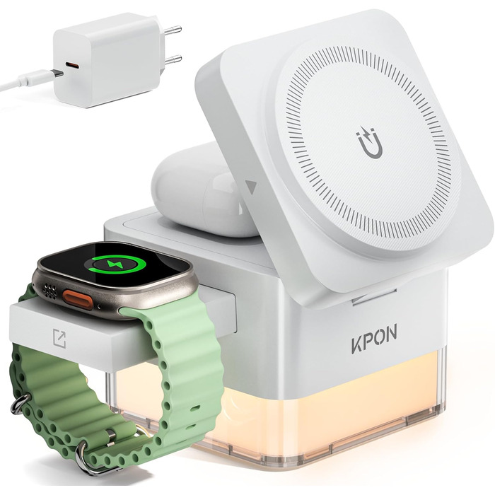 База для зарядки Apple Watch та iPhone MagSafe 3-в-1, куб сірого кольору, сумісна з iPhone 17/16/15/14/13/12/Air/Pro Max, Apple Watch 11/10/9, AirPods