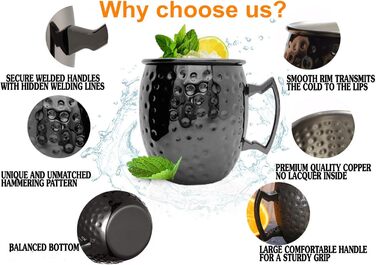 Moscow Mule Mug Set, 4-Piece, Gunmetal Black 550ml, Moscow Mule Mug with 4 Cups, 4 Straws, 1 Measuring Cup for Cold Drinks, Beer, Gin, Vodka, Cocktails, and Water Enjoyment