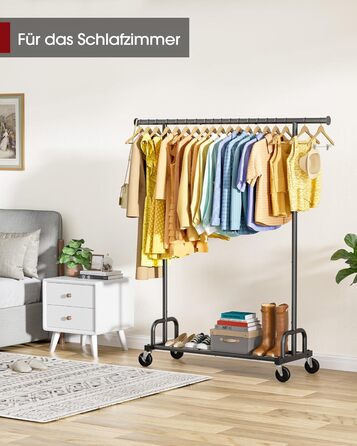 Вешалка для одягу на колесах з полицями та широкою перекладиною, 116 x 43 x 150 см, чорна