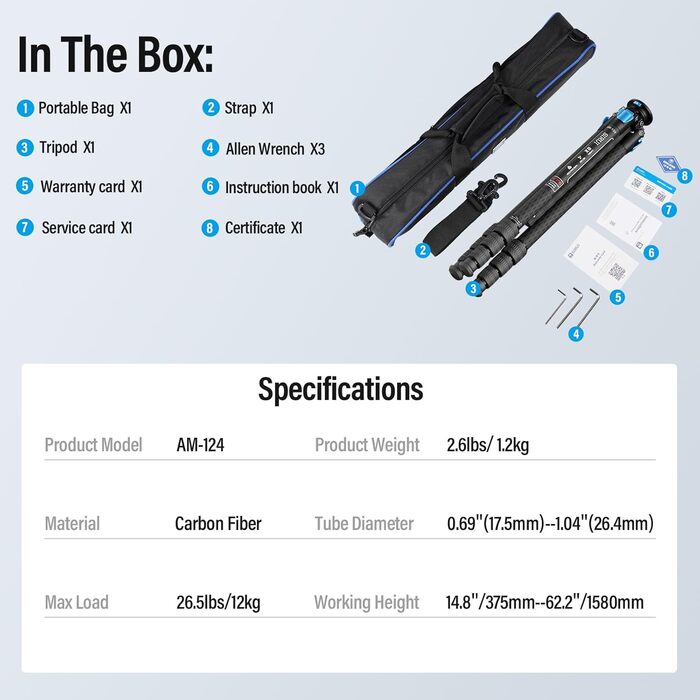 Штатив SIRUI AM124 Carbon з кульковою головкою AM01, легкий туристичний штатив, сумісний з Acra, водонепроникний, 159 см, навантаження 12 кг