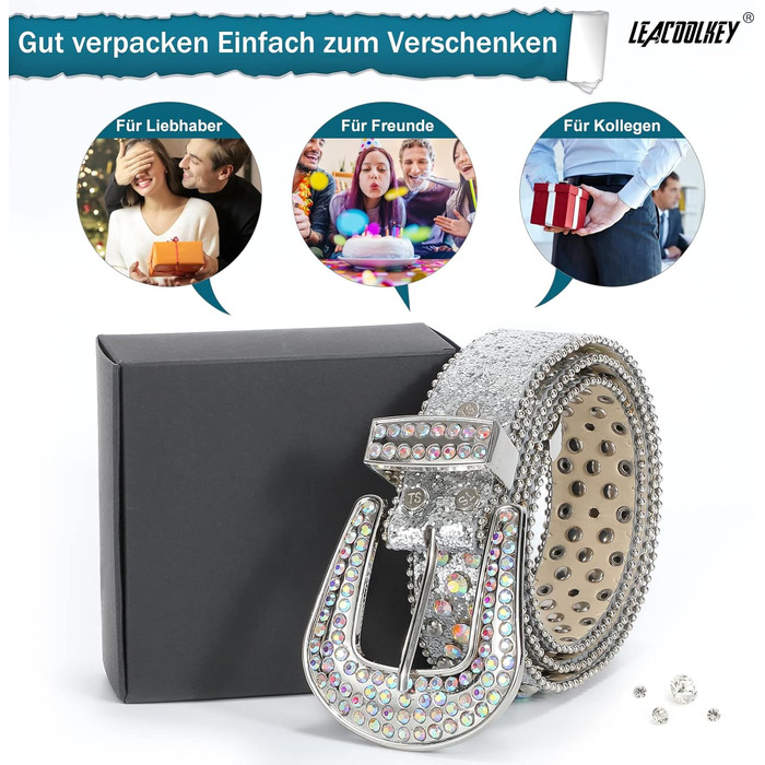 Жіночий ремінь LEACOOLKEY в стилі вестерн, з шипами та пряжкою, PU шкіра, сріблястий (L)