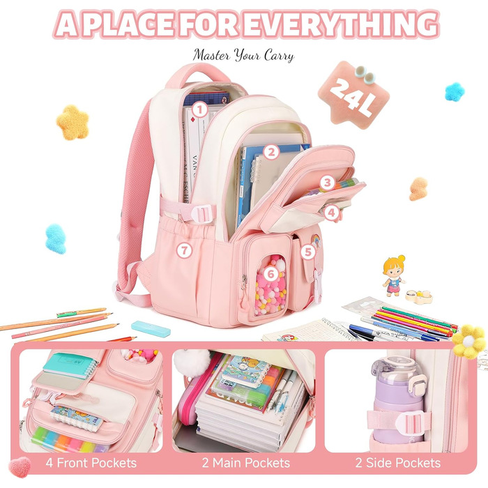 Шкільний рюкзак для дівчаток-підлітків, рожевий, з помпоном, тролей-петлею та світловідбивачами. Великий рюкзак для школи та подорожей, 3-7 клас, водонепроникний