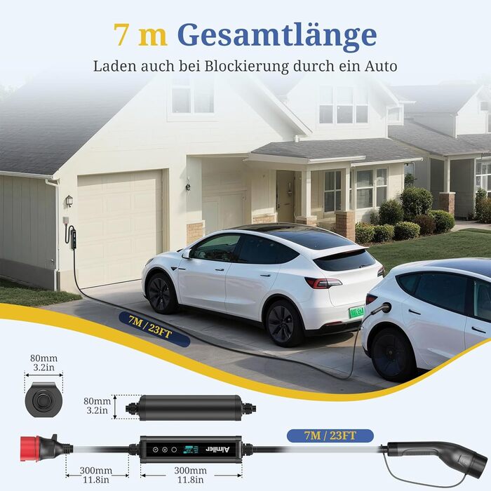 Wallbox 11 кВт з додатком, 400V (8-16A) трифазний, мобільна зарядка 7M, кабель CEE Typ 2, IP66, OLED, для електромобілів Model Y/3, ID.3/4/5, MG4, Zoe та інших PHEV/EV, 22 кВт, 32A, CE&TÜV