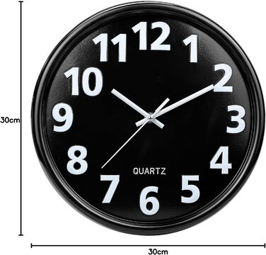 Plumeet 40.6cm Extra Large Wall Clock, Non-Ticking Silent Quartz Decorative Clocks, Modern Style Good for Living Room, Kitchen, Living Room, Bedroom, Office, Large 3D Number Display (White) (30 cm, Black)