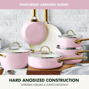 GreenPan Reserve Hard Anodized Healthy Ceramic Non-Stick Cookware Set, 10 Pieces, Including Frypans, Sauté Pan, and Saucepan, Gold Handle, PFAS-Free, Induction, Oven-Safe, Rosy Red 10-Piece Cookware Set Light Pink