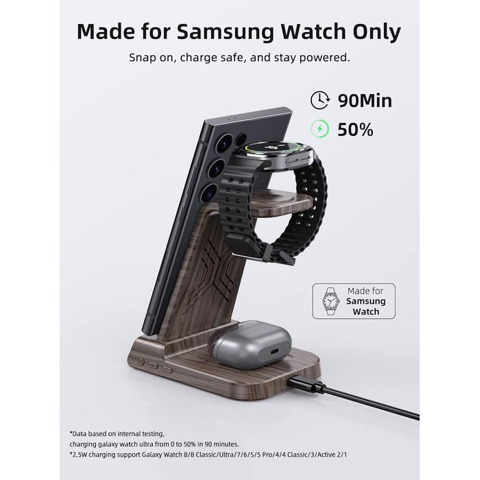 Бездротовий зарядний пристрій для Samsung Galaxy: зарядка для S25 Ultra, Watch Ultra/8/7/6, S24 Z Fold 6/Z Flip 6, Buds (з текстурою дерева)