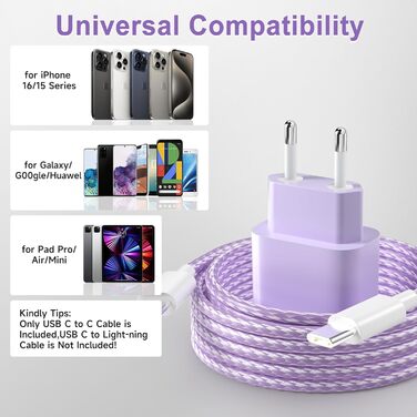Зарядний пристрій 20W USB-C з кабелем Lightning для iPhone 14/13/12/11/X/SE (2 шт., фіолетовий+синій)