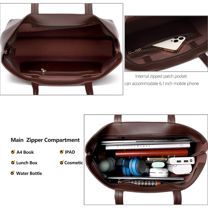 Жіноча сумка-шопер Tote Bag з PU шкіри для роботи, школи, покупок, застібка-блискавка, внутрішні кишені (Коричнева)