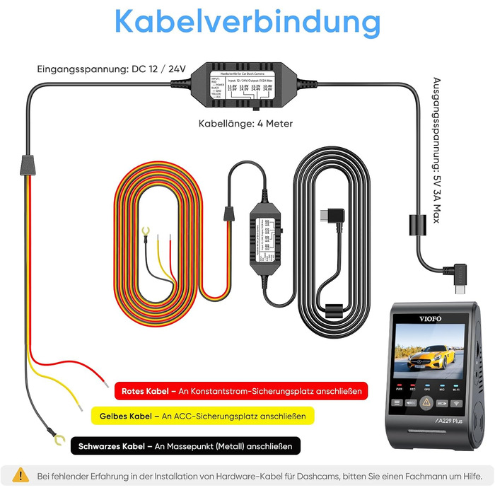 Кабель живлення VIOFO HK4 Hardwire Kit для відеореєстраторів A329, A119M, A229 (Type-C) з режимом паркування та захистом від розрядження акумулятора
