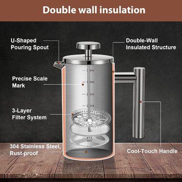Make a French Press Coffee Maker, 1500 ml large insulated French Press, double-walled insulated stainless steel, 3-stage filter system, French press for home, camping and office, Silver (350ML)
