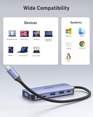 Док-станція BENFEI USB-C MST Hub - 11 в 1: 2HDMI 4K, VGA, 3 x USB 3.0, SD/TF, Ethernet, PD 100W, 3.5mm Aux для MacBook, XPS, Surface (Сірий)