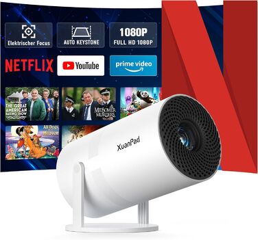 Проектор міні 1080P з автофокусом та WiFi/Bluetooth, 18000L, обертання 210°, для домашнього кінотеатру. Підтримка Netflix, автоматична корекція трапеції, фільтр пилу.