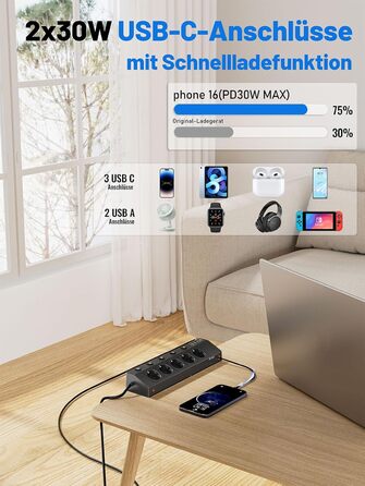 Мережевий адаптер PASSUS з 5 розетками, 2 USB-C (PD 30W), захист від перенапруги, індивідуальне вмикання, 10-в-1, з кабелем 2м, для офісу, чорний