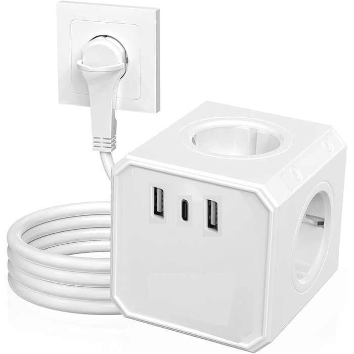 Мережевий фільтр з вимикачем AOUOO, 8 розеток, 2м кабель, 3USB/3Type-C (5V/3.1A), 250V/16A, захист від перенапруги 3840W, чорний