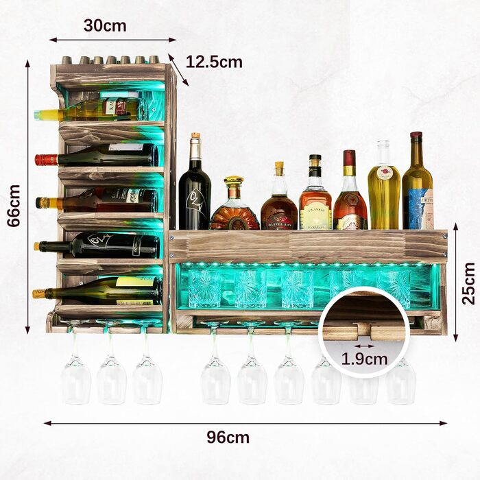 Wine Rack with LED Light, Flame Wood Look, Wall-Mountable with Cork Holder, for Wine Glasses, Whiskey Glasses, Bottle Holder Home Bar, Vintage, Gift