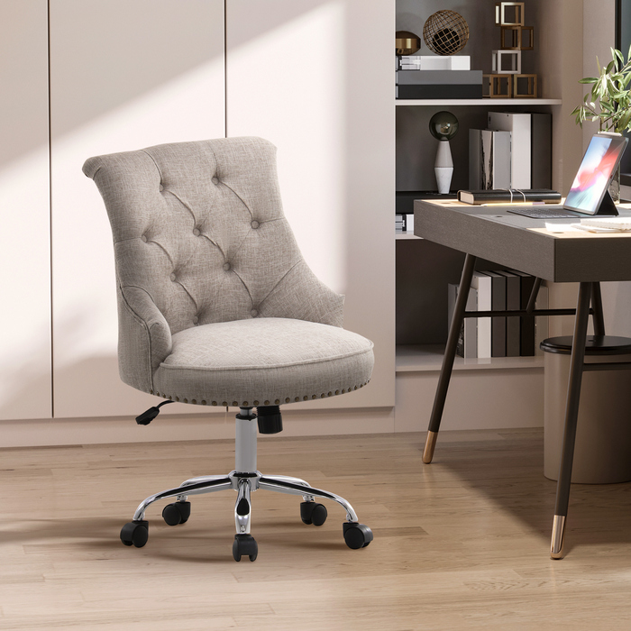 HOMCOM Swivel Upholstered Chair Ergonomic Office Chair Height Adjustable Retro Design Up to 150 kg Linen Light Grey 54x65.5x84-91 cm