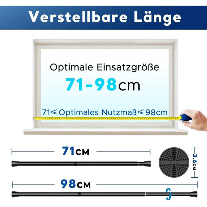 Штанга для карнизів без свердління – Ø 25 мм, 1 шт. Регульована телескопічна штанга для кріплення, для штор, душової завіси та гардеробу (Чорний, 71-98 см)